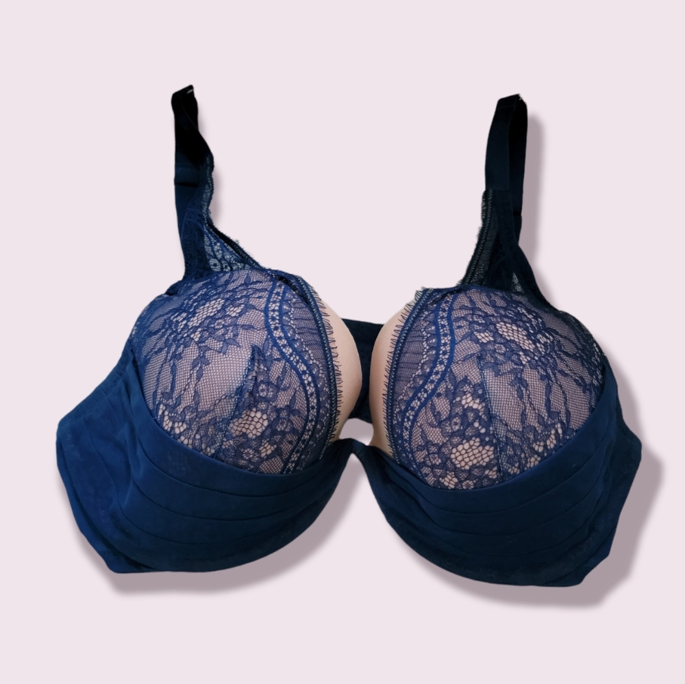 Cacique - Lane Bryant Blue Lace and Pleated Bust Plunge Bra Women's Size 42DD